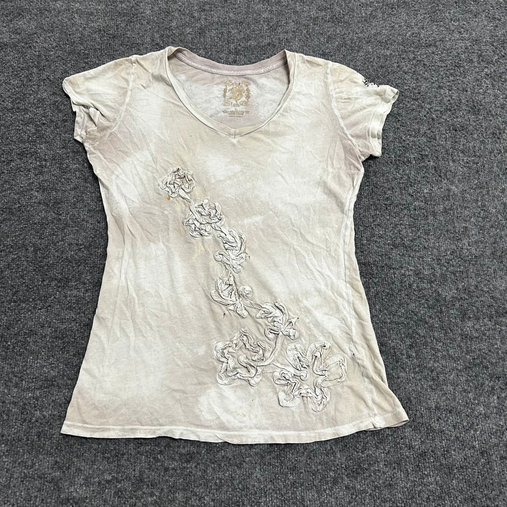 Velvet Stone T-Shirt Womens Size L Tan Acid Wash Floral Applique V-Neck USA Made